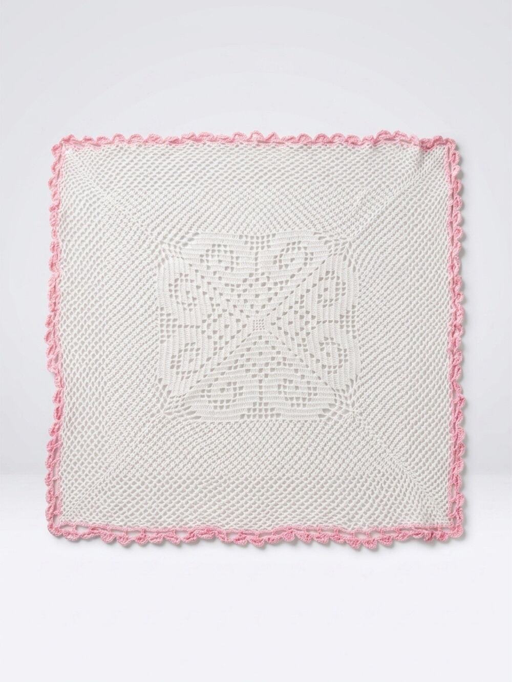 VTG Doily Hand Crochet Knit Center White Pink 19x19”Square Tablecloth